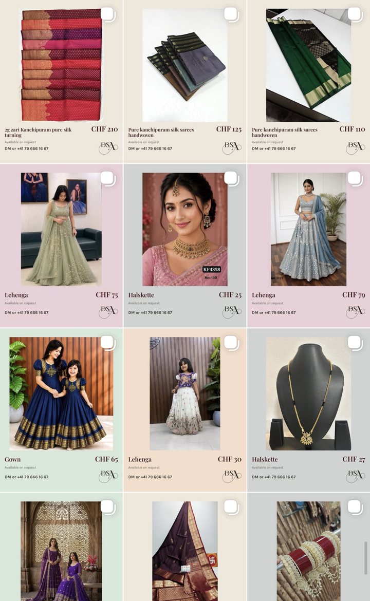 Nachher: Instagram-Feed mit Produktkarten, je mit Name, Preis, Bestellweg und einer Farbe pro Kategorie